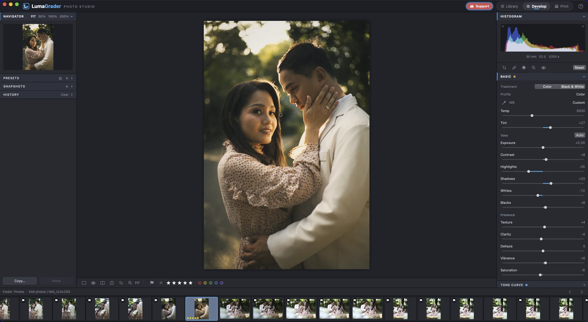LumaGrader Photo Studio editing a RAW portrait in Develop