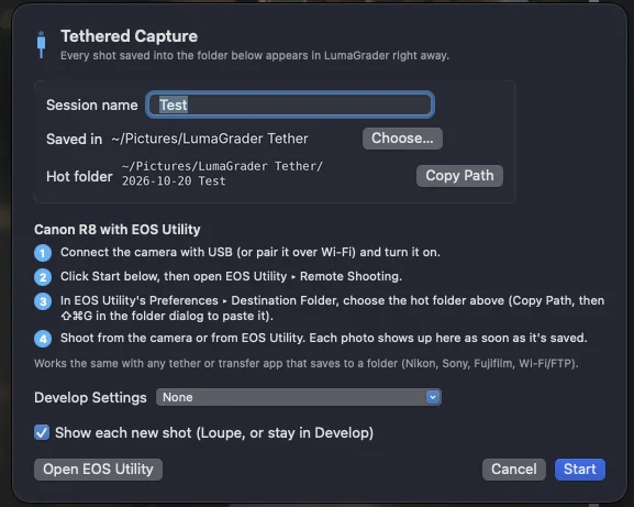 Tethered capture with a Canon camera